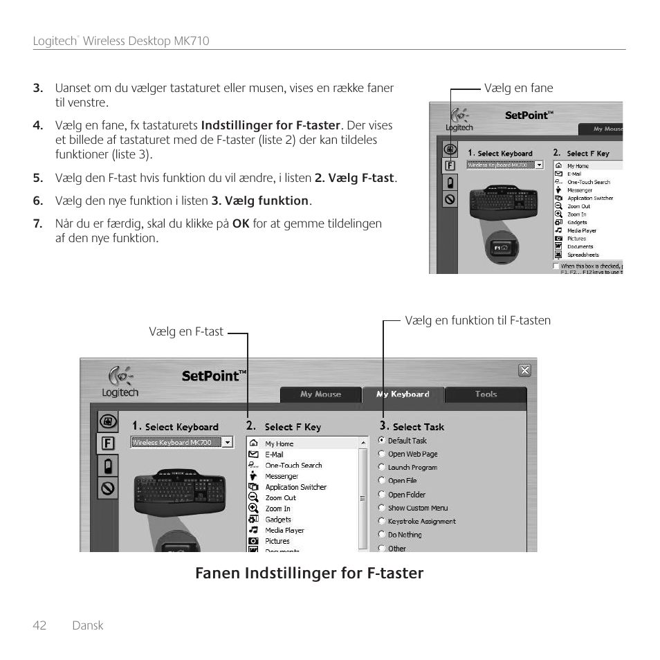 Fanen indstillinger for f-taster | Logitech Wireless Desktop MK710 User Manual | Page 42 / 76