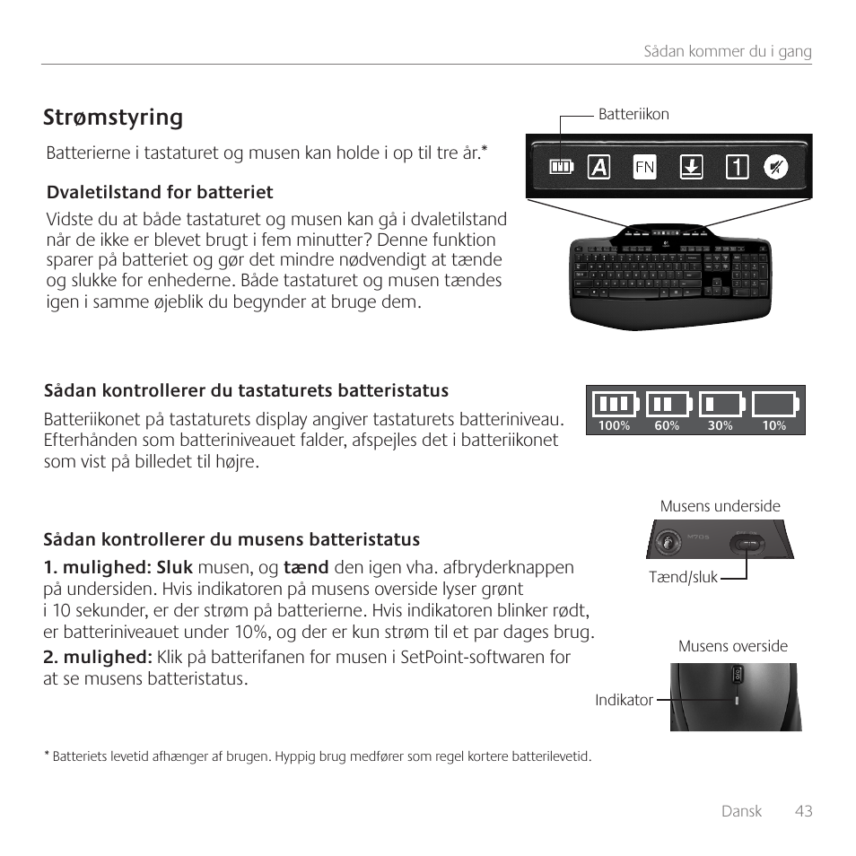 Strømstyring | Logitech Wireless Desktop MK710 User Manual | Page 43 / 76