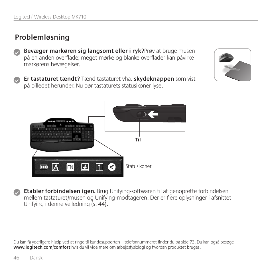 Problemløsning | Logitech Wireless Desktop MK710 User Manual | Page 46 / 76