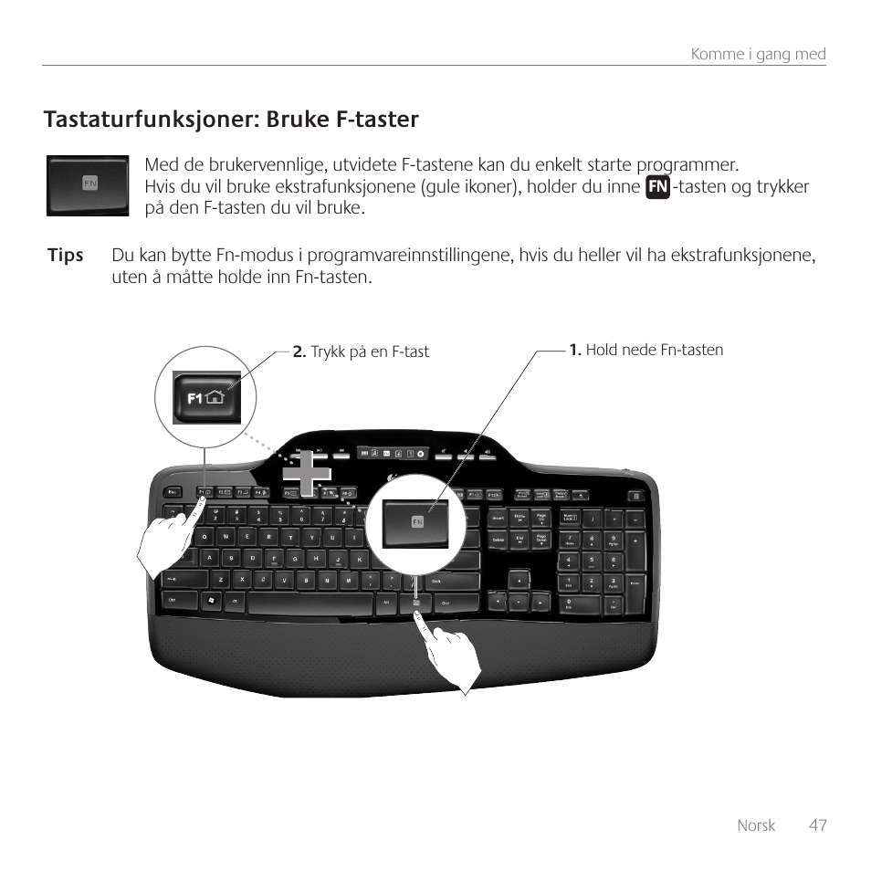 Tastaturfunksjoner: bruke f-taster | Logitech Wireless Desktop MK710 User Manual | Page 47 / 76
