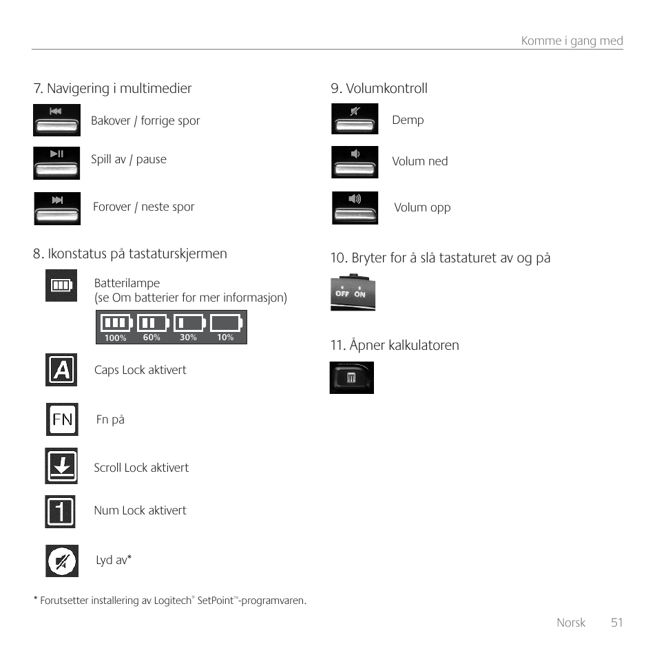 Volumkontroll, Ikonstatus på tastaturskjermen, Navigering i multimedier | Logitech Wireless Desktop MK710 User Manual | Page 51 / 76