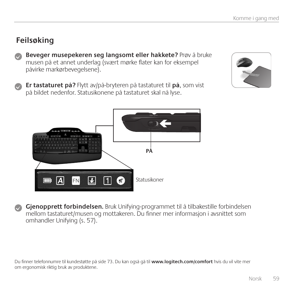 Feilsøking | Logitech Wireless Desktop MK710 User Manual | Page 59 / 76