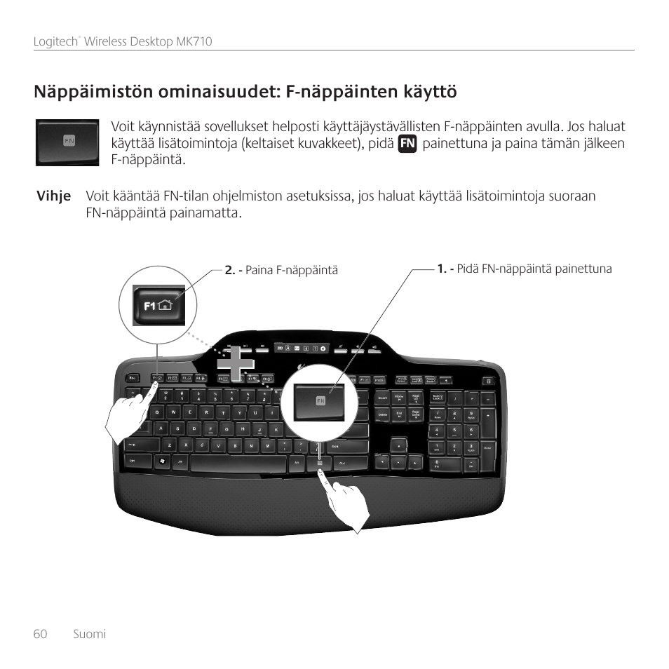 Näppäimistön ominaisuudet: f-näppäinten käyttö | Logitech Wireless Desktop MK710 User Manual | Page 60 / 76