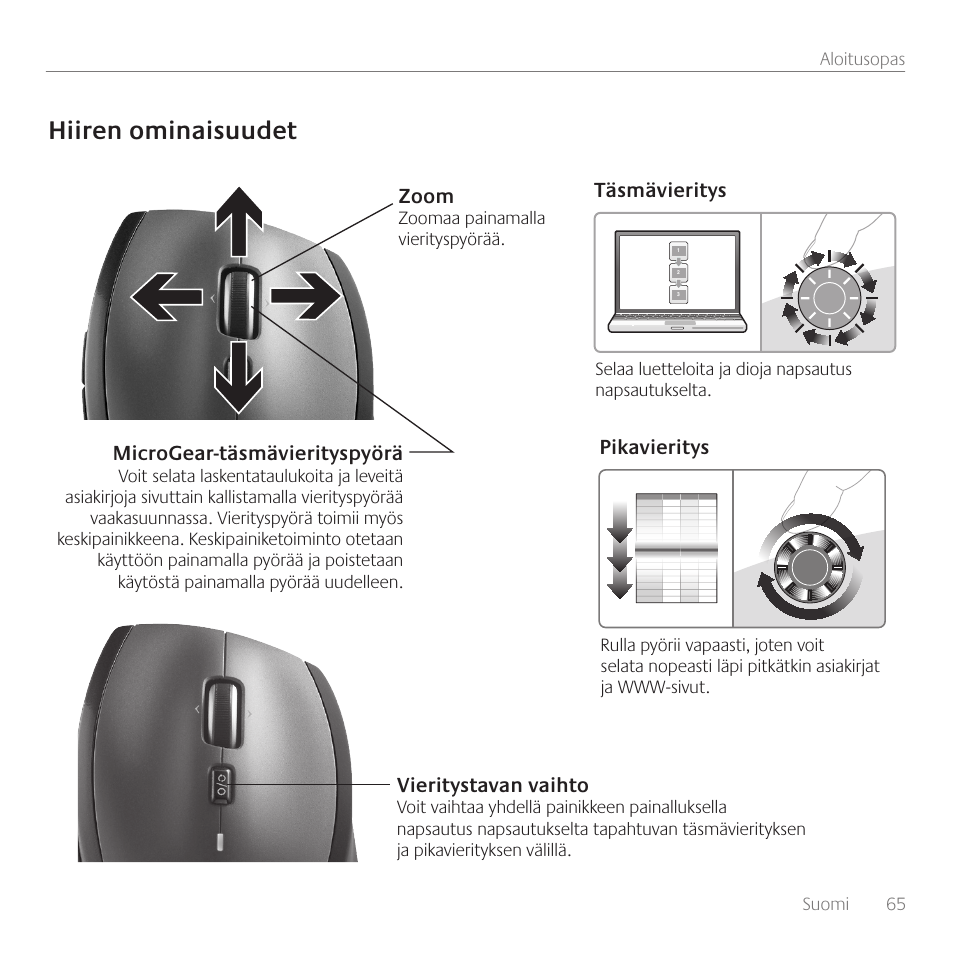 Hiiren ominaisuudet, Vieritystavan vaihto, Täsmävieritys pikavieritys | Microgear-täsmävierityspyörä, Zoom | Logitech Wireless Desktop MK710 User Manual | Page 65 / 76