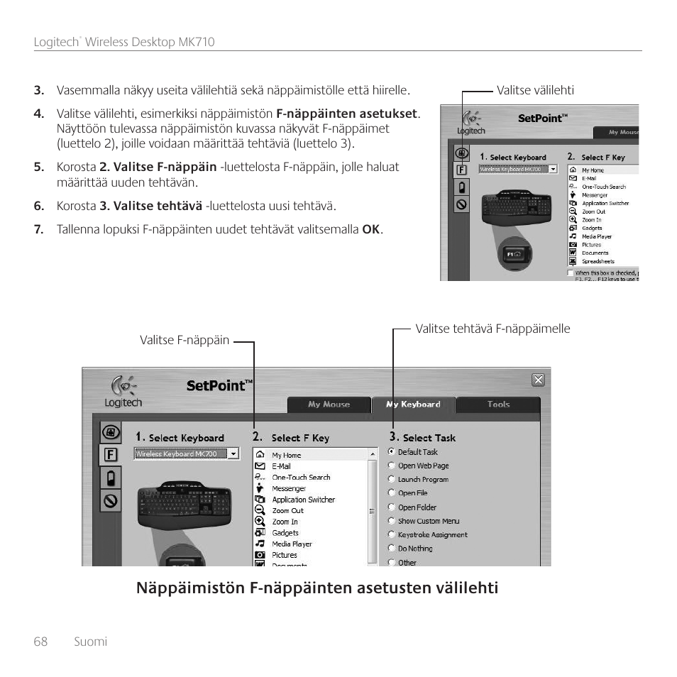 Näppäimistön f-näppäinten asetusten välilehti | Logitech Wireless Desktop MK710 User Manual | Page 68 / 76