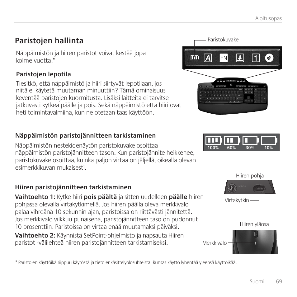 Paristojen hallinta | Logitech Wireless Desktop MK710 User Manual | Page 69 / 76