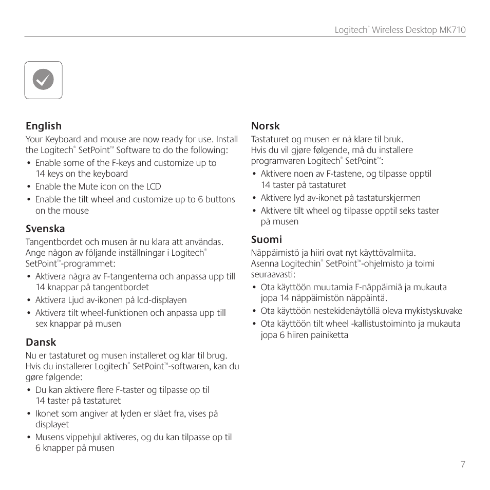 English, Svenska, Dansk | Norsk, Suomi | Logitech Wireless Desktop MK710 User Manual | Page 7 / 76