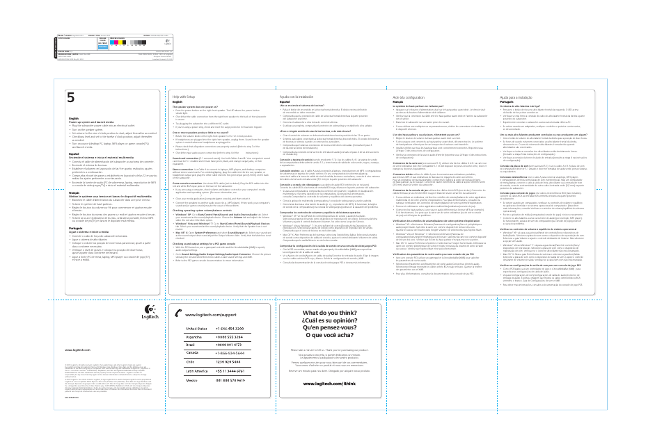 Help with setup, Ayuda con la instalación, Aide à la configuration | Ajuda para a instalação, English, Español, Français, Português | Logitech Surround Sound Speakers Z506 User Manual | Page 2 / 2
