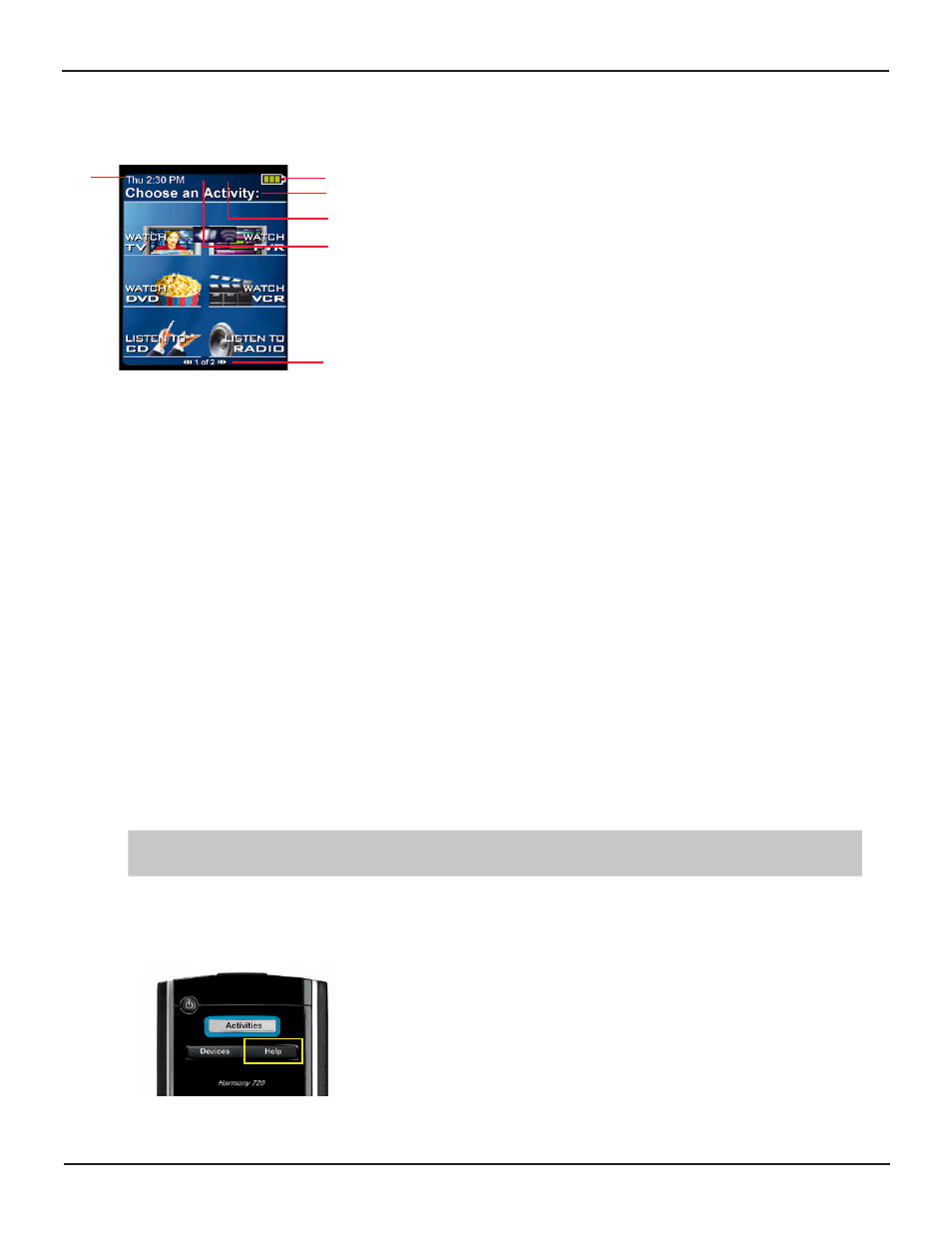 Viewing the status and navigation bars, Displaying help on your harmony remote | Logitech 720 User Manual | Page 7 / 14