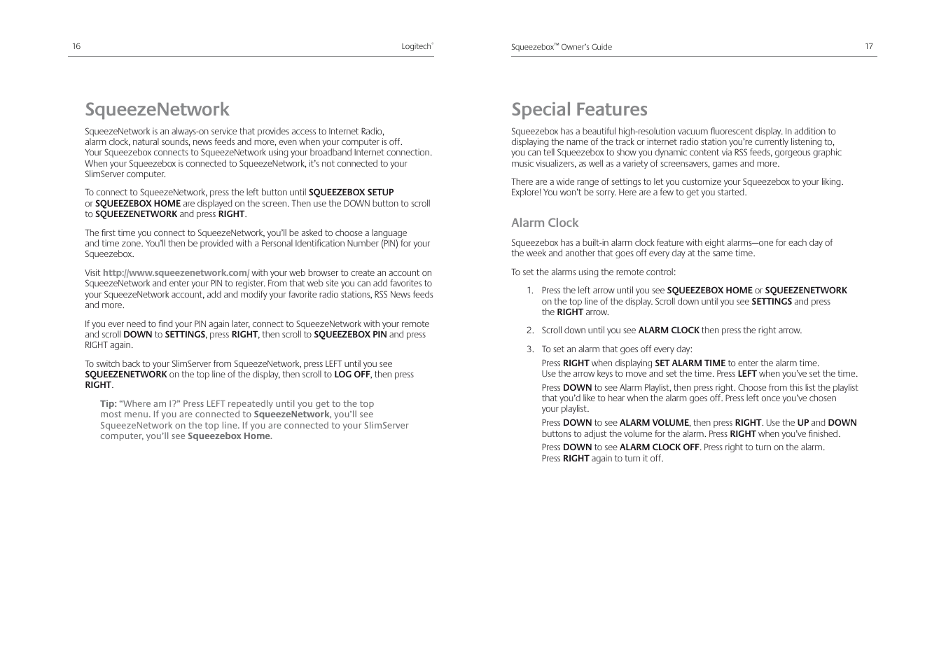 Squeezenetwork, Special features, Alarm clock | Logitech Squeezebox Receiver User Manual | Page 10 / 92