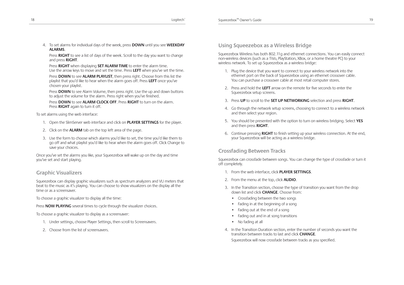 Graphic visualizers, Using squeezebox as a wireless bridge, Crossfading between tracks | Logitech Squeezebox Receiver User Manual | Page 11 / 92