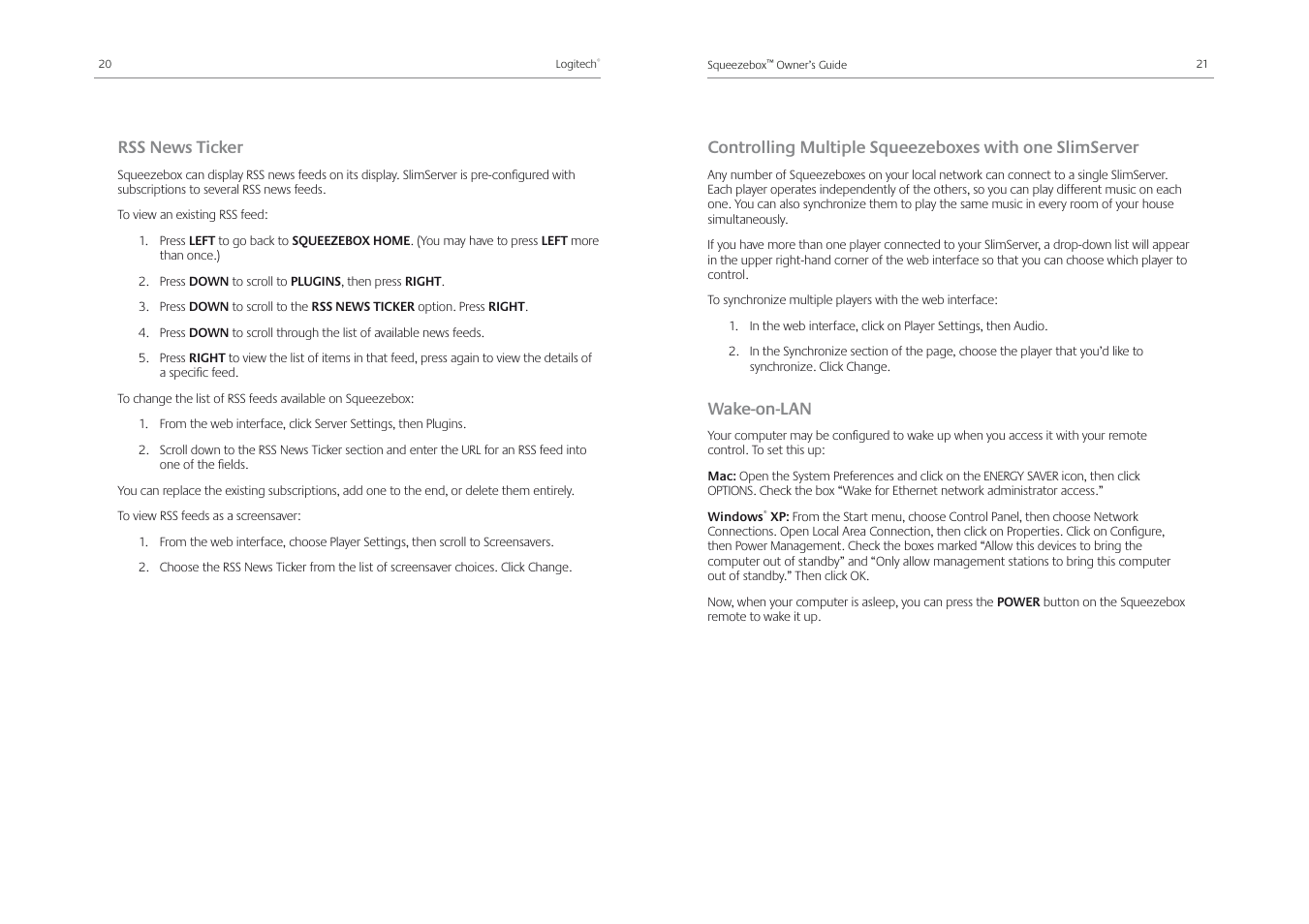 Rss news ticker, Wake-on-lan | Logitech Squeezebox Receiver User Manual | Page 12 / 92