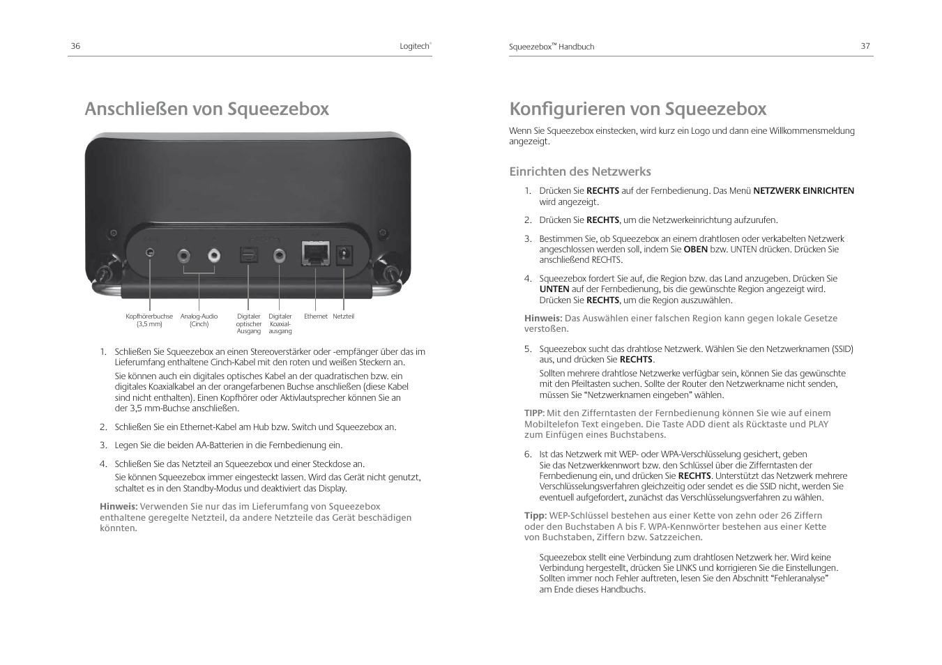 Anschließen von squeezebox, Konﬁ gurieren von squeezebox, Einrichten des netzwerks | Logitech Squeezebox Receiver User Manual | Page 20 / 92
