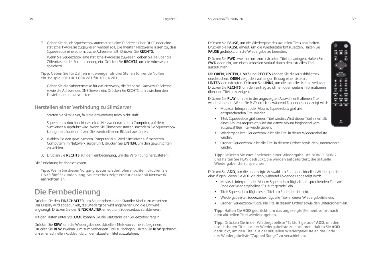 Die fernbedienung, Herstellen einer verbindung zu slimserver | Logitech Squeezebox Receiver User Manual | Page 21 / 92