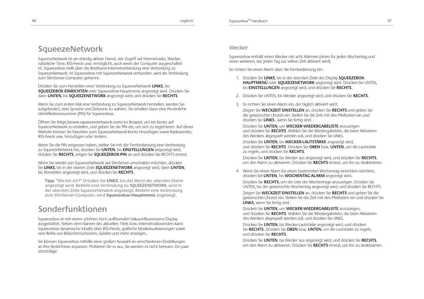 Squeezenetwork, Sonderfunktionen, Wecker | Logitech Squeezebox Receiver User Manual | Page 25 / 92