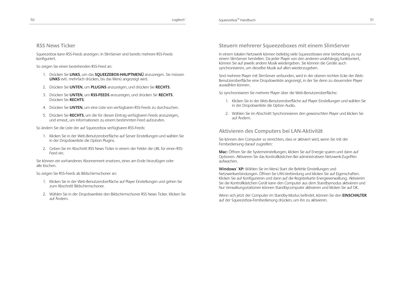 Rss news ticker, Steuern mehrerer squeezeboxes mit einem slimserver, Aktivieren des computers bei lan-aktivität | Logitech Squeezebox Receiver User Manual | Page 27 / 92