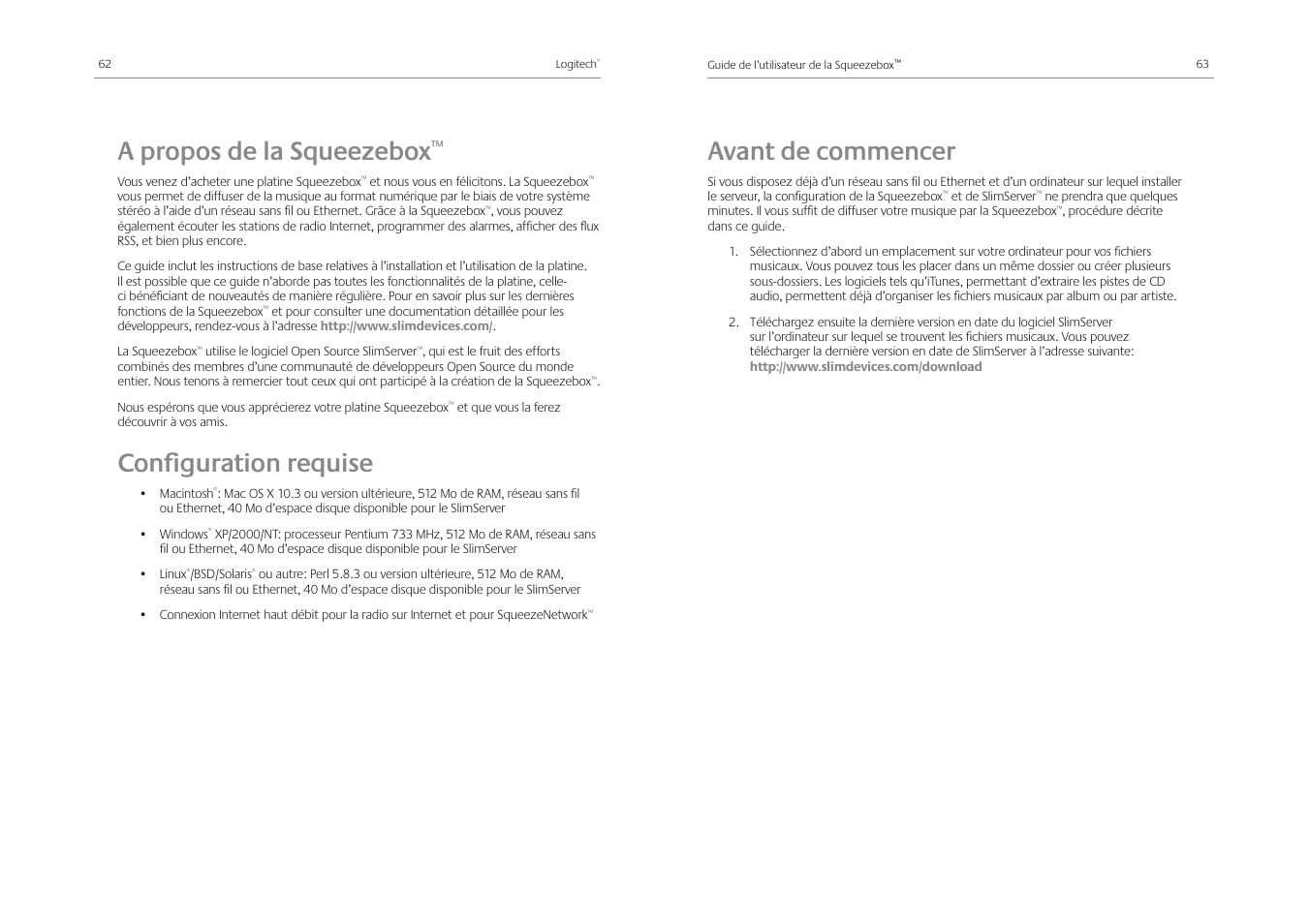 Avant de commencer, A propos de la squeezebox, Conﬁ guration requise | Logitech Squeezebox Receiver User Manual | Page 33 / 92