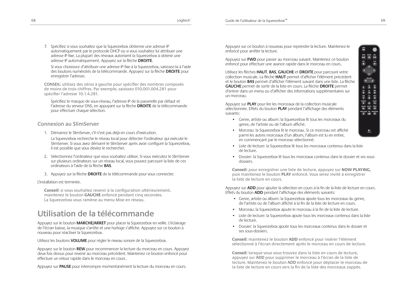 Utilisation de la télécommande, Connexion au slimserver | Logitech Squeezebox Receiver User Manual | Page 36 / 92