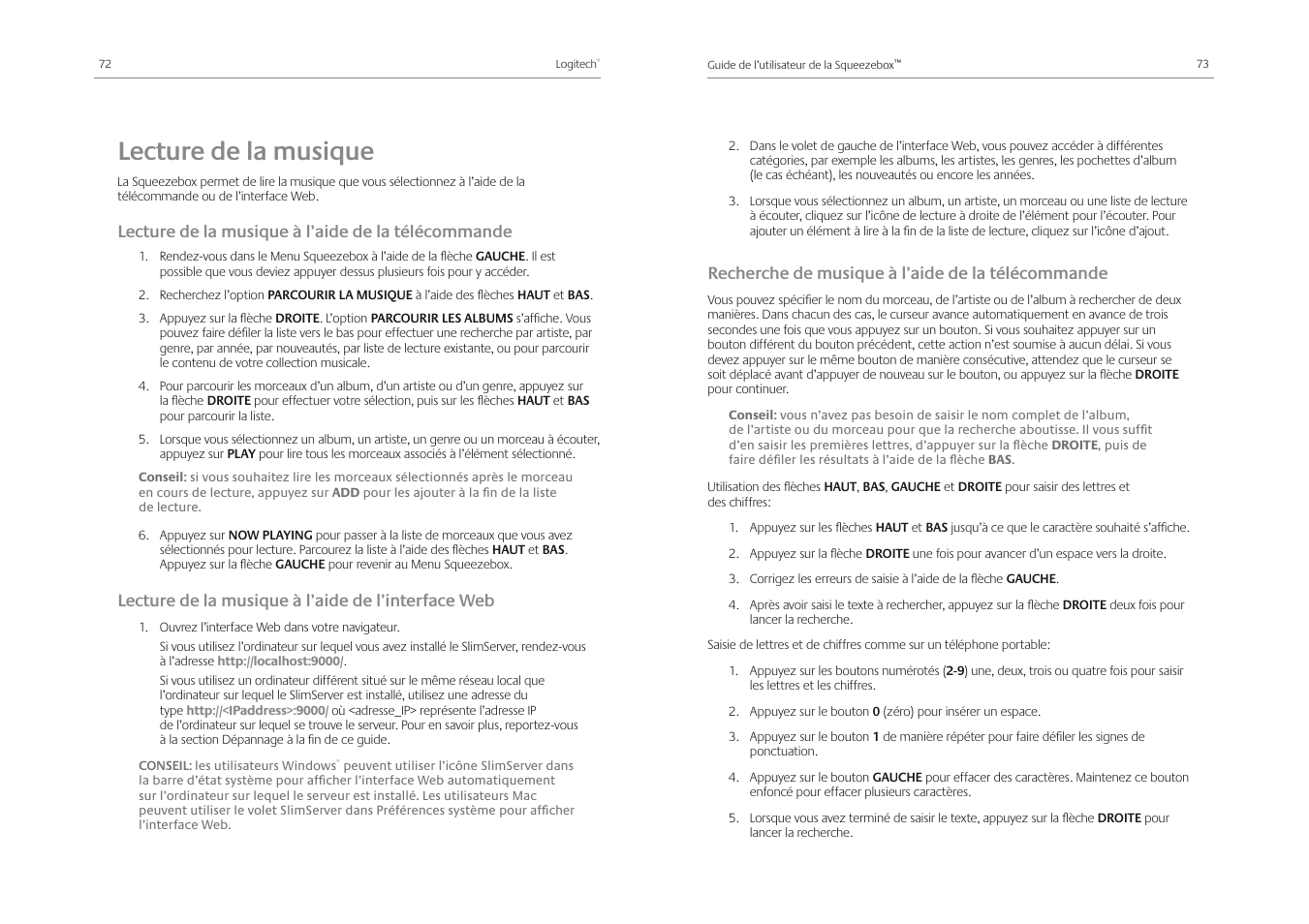 Lecture de la musique, Lecture de la musique à l’aide de la télécommande, Lecture de la musique à l’aide de l’interface web | Recherche de musique à l’aide de la télécommande | Logitech Squeezebox Receiver User Manual | Page 38 / 92