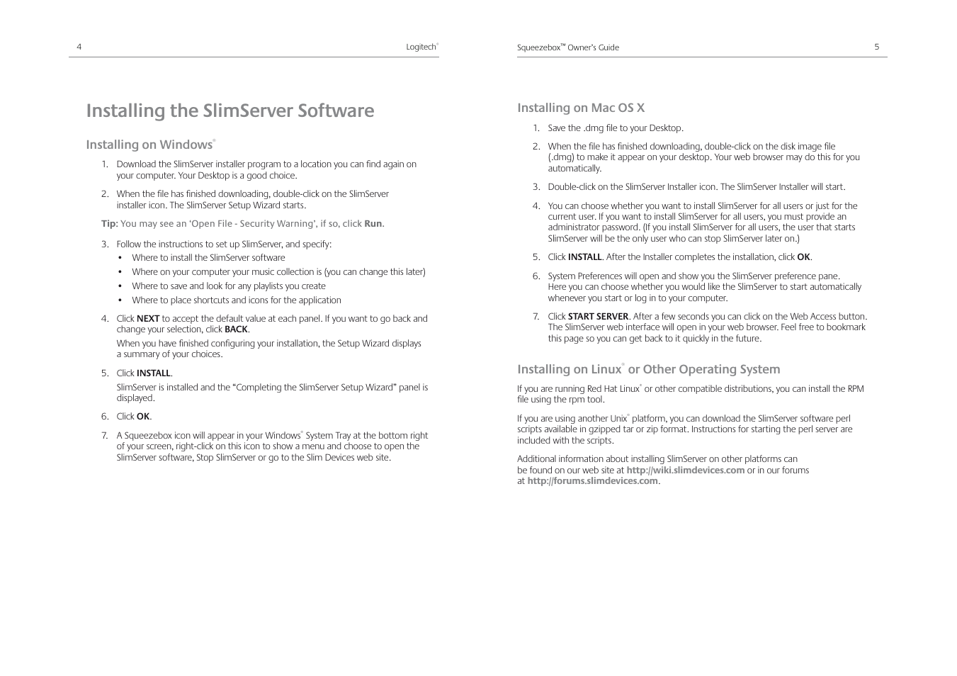Installing the slimserver software, Installing on windows, Installing on mac os x | Installing on linux, Or other operating system | Logitech Squeezebox Receiver User Manual | Page 4 / 92