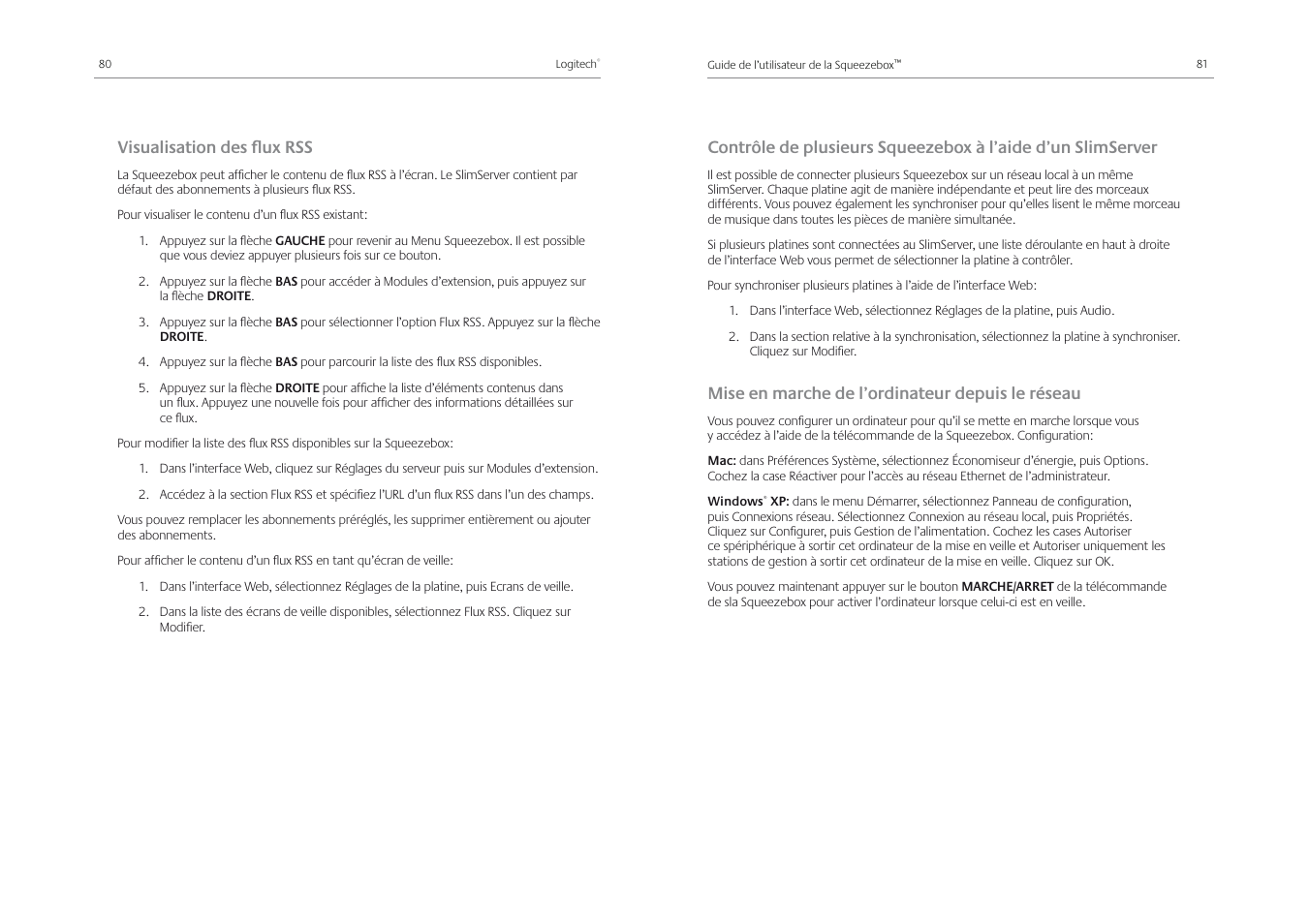 Visualisation des ﬂ ux rss, Mise en marche de l’ordinateur depuis le réseau | Logitech Squeezebox Receiver User Manual | Page 42 / 92