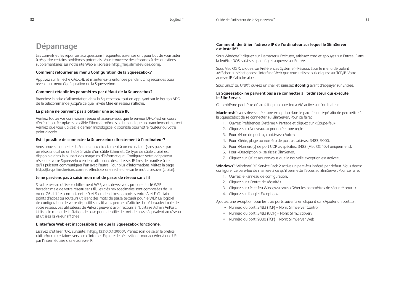 Dépannage | Logitech Squeezebox Receiver User Manual | Page 43 / 92