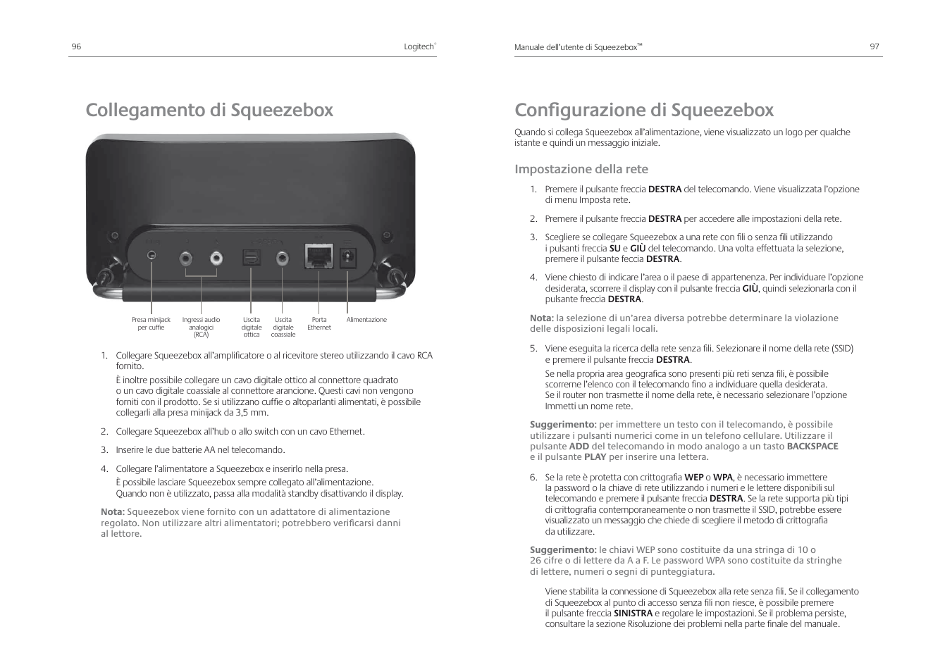 Collegamento di squeezebox, Conﬁ gurazione di squeezebox, Impostazione della rete | Logitech Squeezebox Receiver User Manual | Page 50 / 92