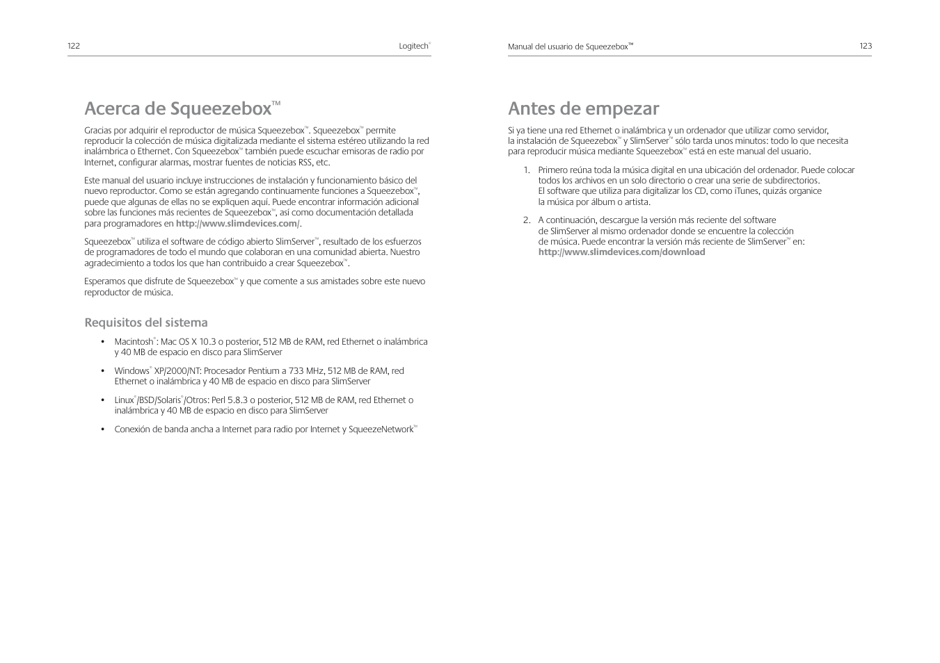Antes de empezar, Acerca de squeezebox, Requisitos del sistema | Logitech Squeezebox Receiver User Manual | Page 63 / 92