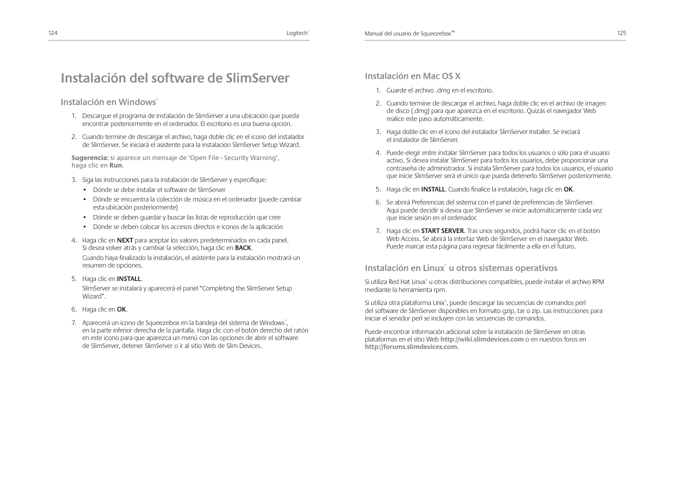 Instalación del software de slimserver, Instalación en windows, Instalación en mac os x | Instalación en linux, U otros sistemas operativos | Logitech Squeezebox Receiver User Manual | Page 64 / 92