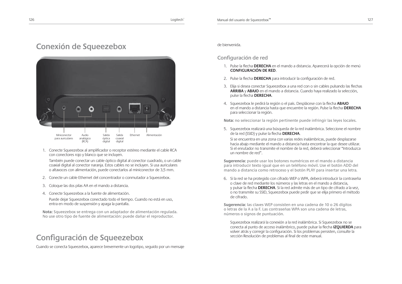 Conexión de squeezebox, Conﬁ guración de squeezebox, Conﬁ guración de red | Logitech Squeezebox Receiver User Manual | Page 65 / 92