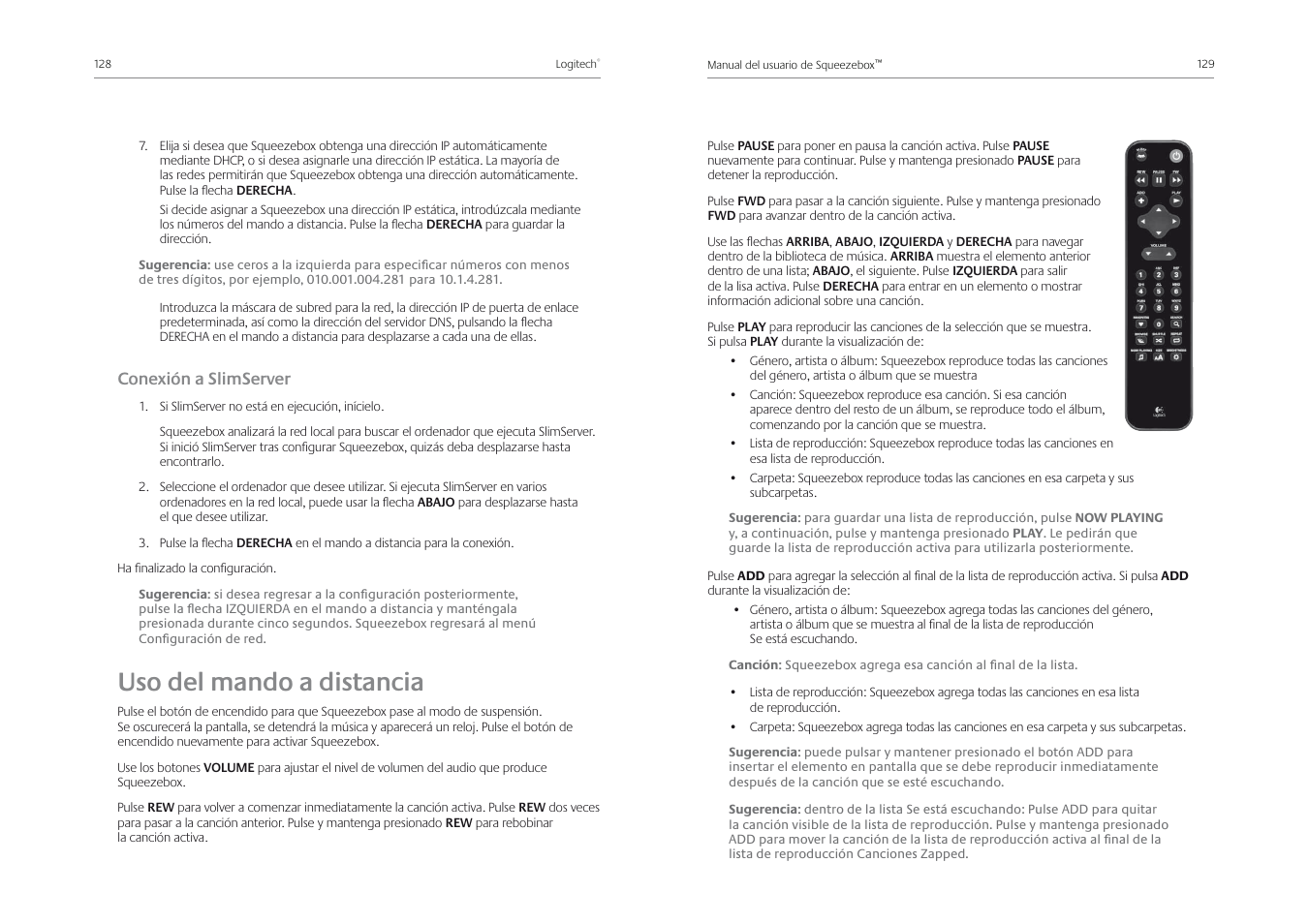 Uso del mando a distancia, Conexión a slimserver | Logitech Squeezebox Receiver User Manual | Page 66 / 92