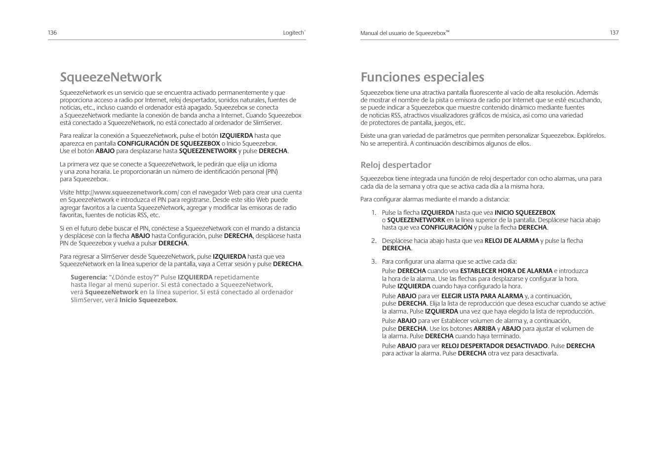 Squeezenetwork, Funciones especiales, Reloj despertador | Logitech Squeezebox Receiver User Manual | Page 70 / 92