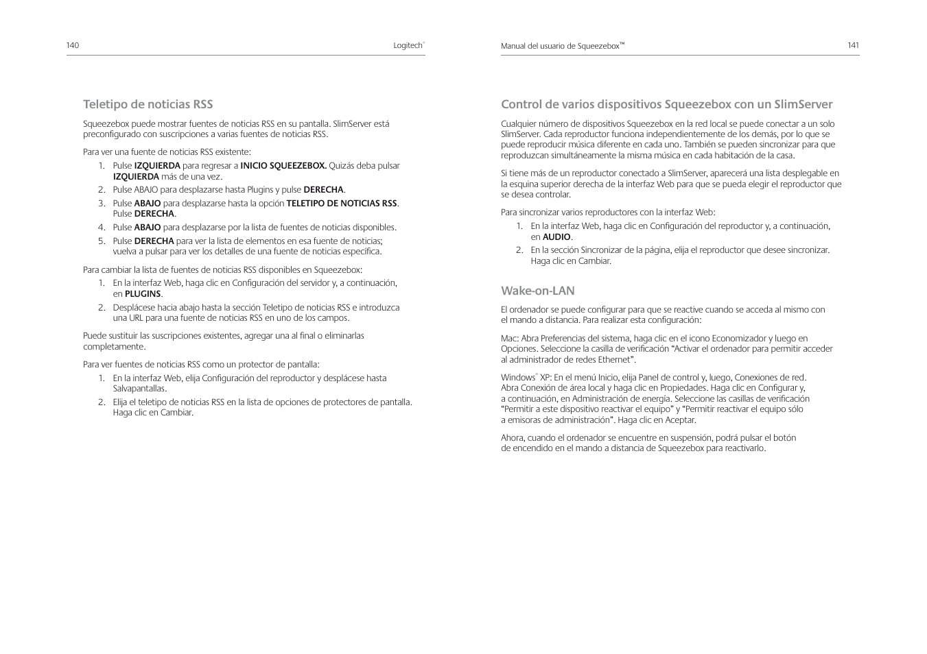 Teletipo de noticias rss, Wake-on-lan | Logitech Squeezebox Receiver User Manual | Page 72 / 92