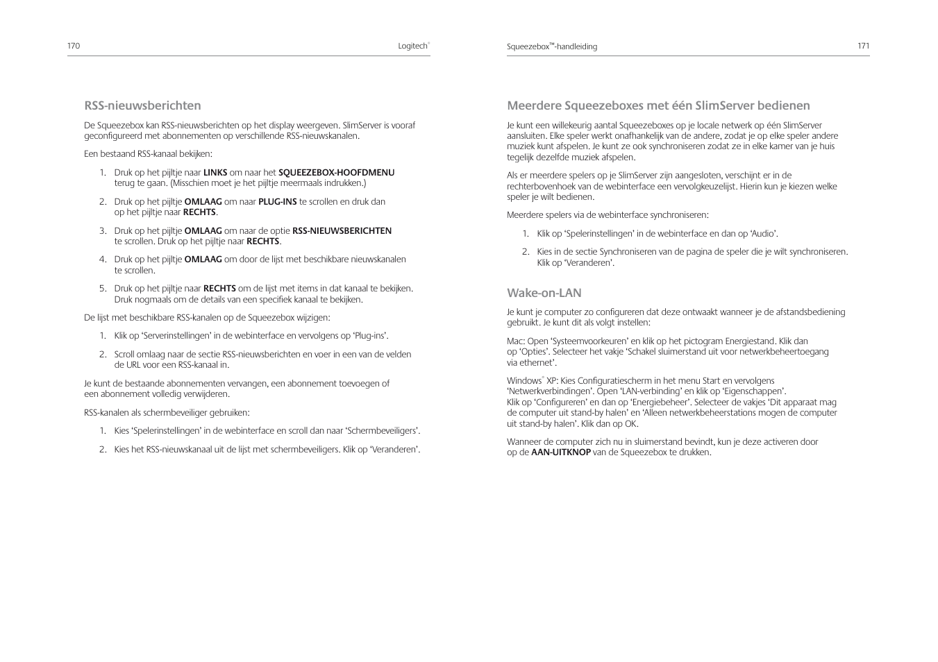 Rss-nieuwsberichten, Meerdere squeezeboxes met één slimserver bedienen, Wake-on-lan | Logitech Squeezebox Receiver User Manual | Page 87 / 92