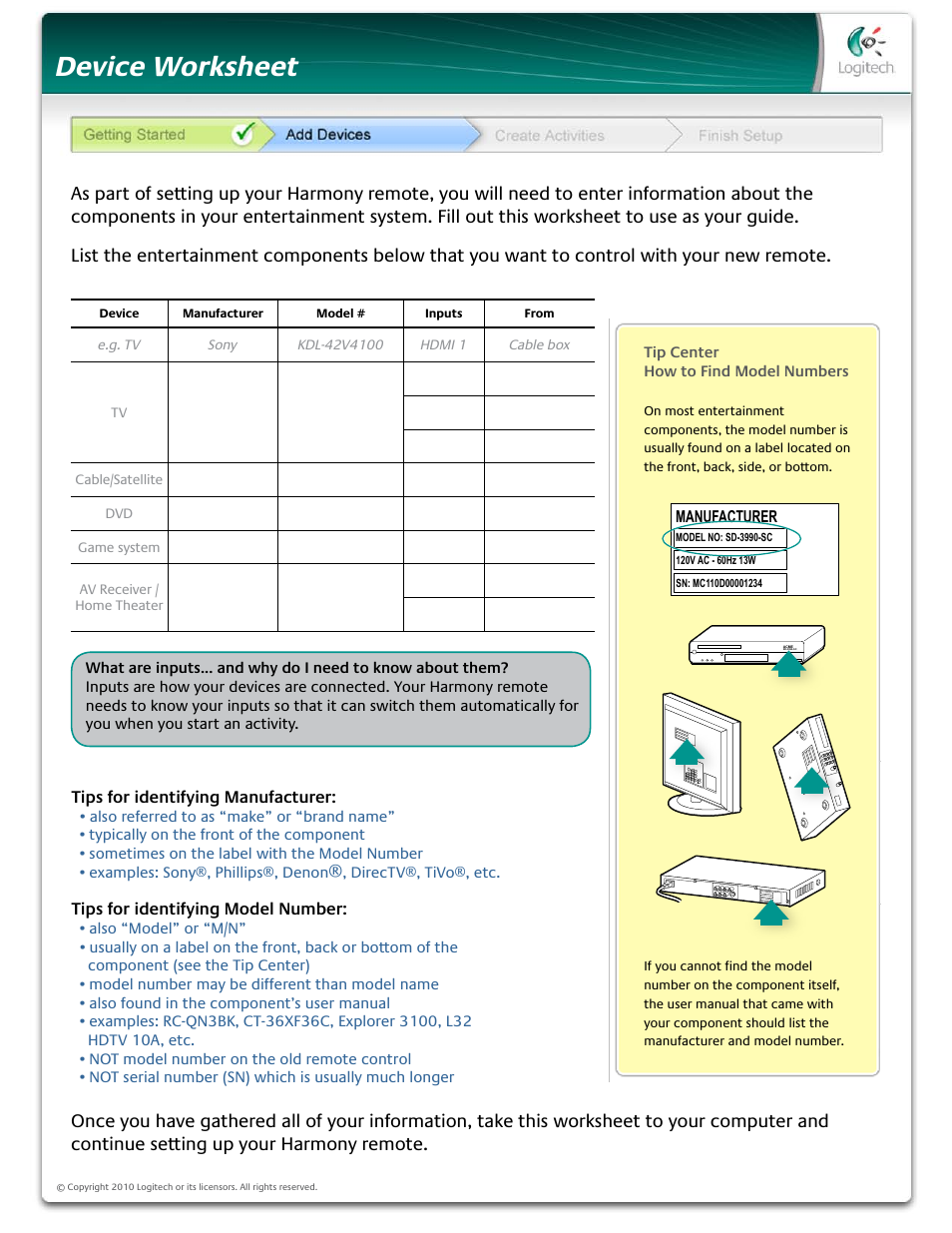Device worksheet, Tips for identifying manufacturer, Tips for identifying model number | Logitech Harmony 650 User Manual | Page 15 / 26