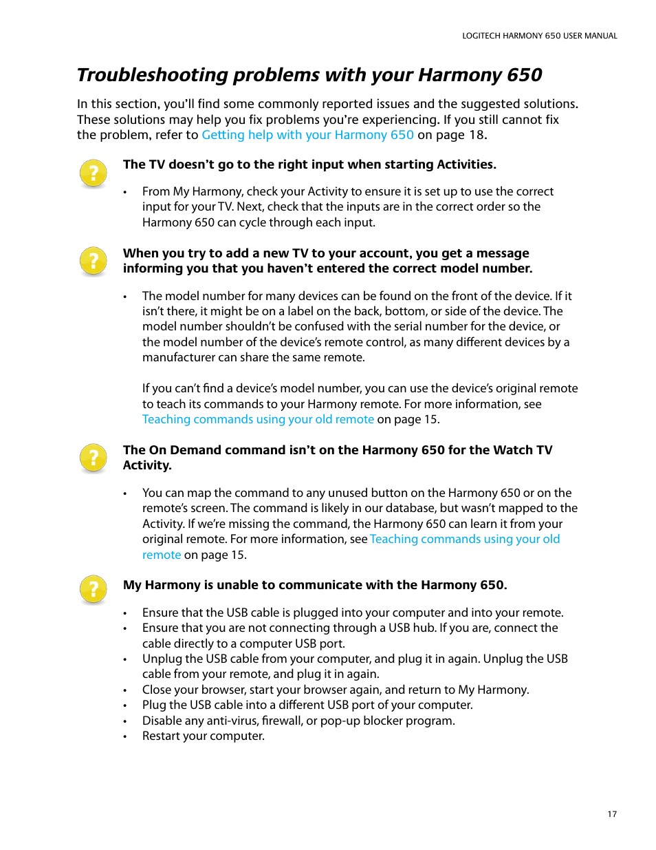 Troubleshooting problems with your harmony 650 | Logitech Harmony 650 User Manual | Page 21 / 26