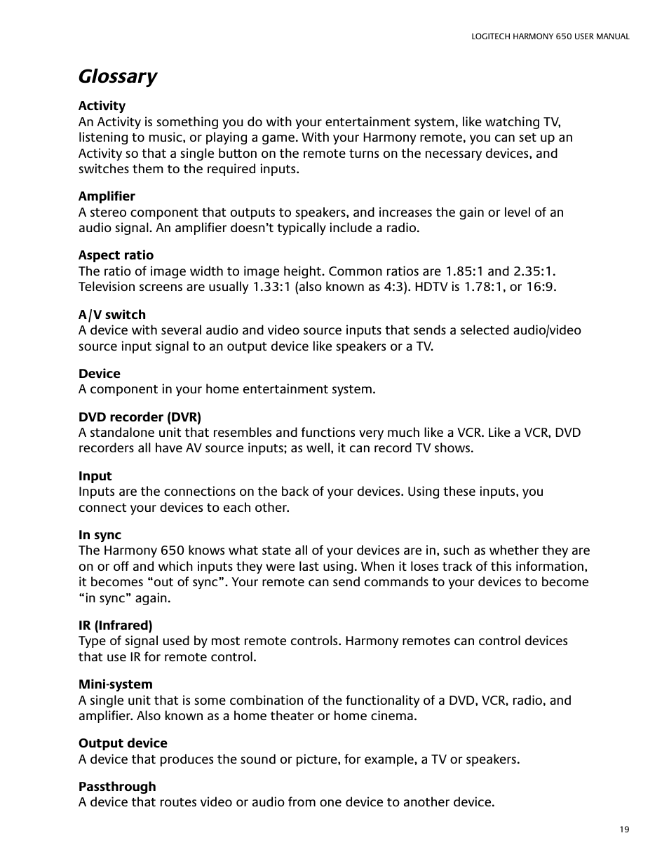 Glossary | Logitech Harmony 650 User Manual | Page 23 / 26