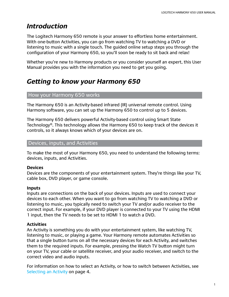 Introduction, Getting to know your harmony 650 | Logitech Harmony 650 User Manual | Page 5 / 26