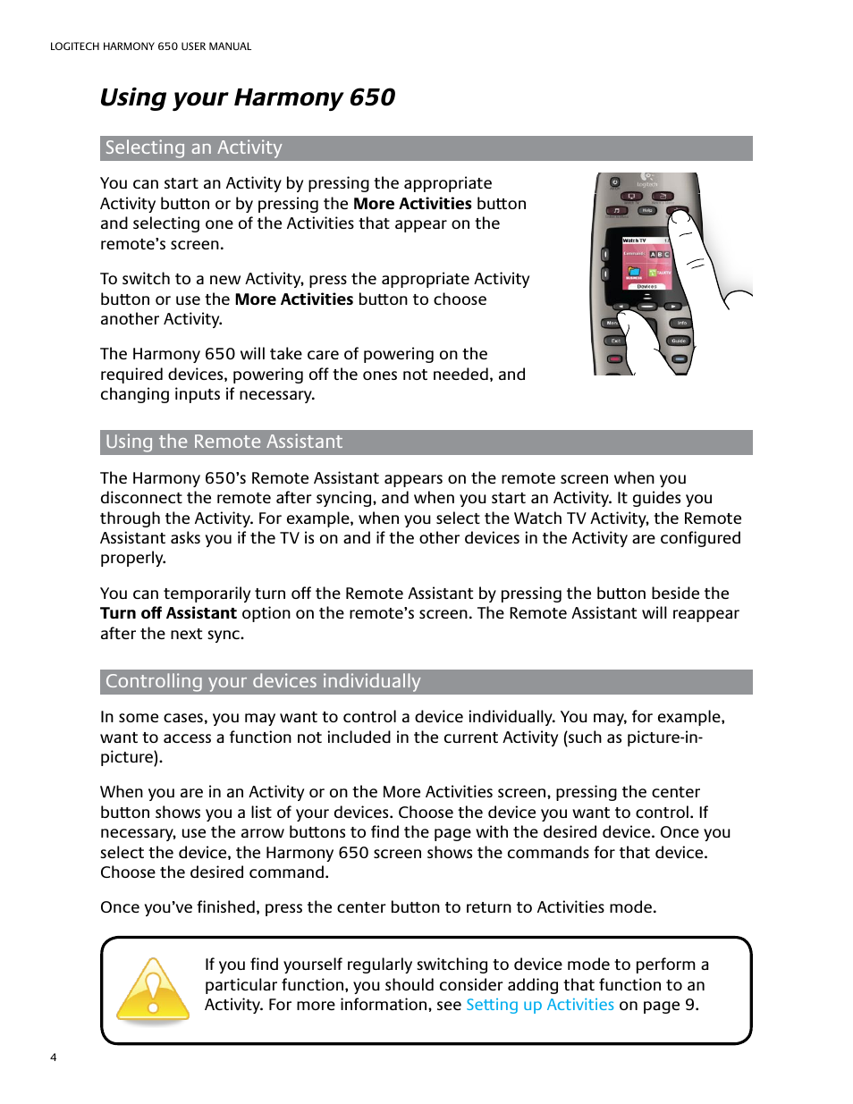 Using your harmony 650 | Logitech Harmony 650 User Manual | Page 8 / 26