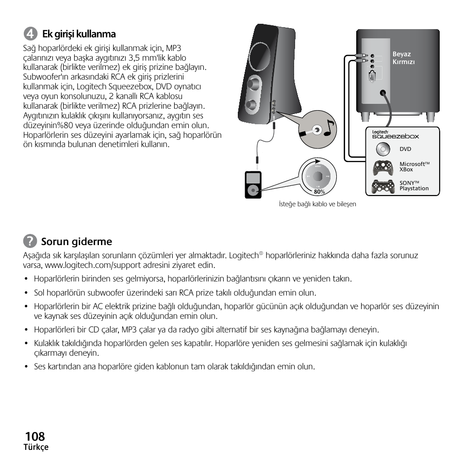 Ek girişi kullanma, Sorun giderme | Logitech Z523 User Manual | Page 108 / 114