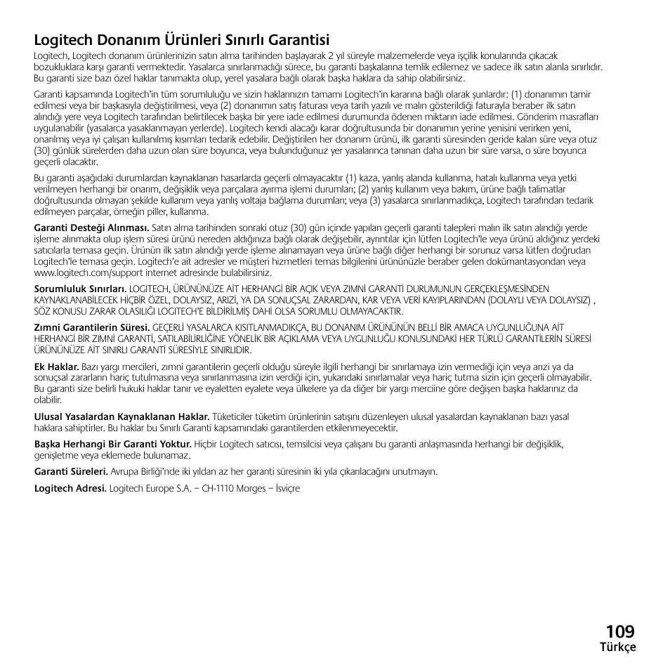 Logitech donanım ürünleri sınırlı garantisi | Logitech Z523 User Manual | Page 109 / 114