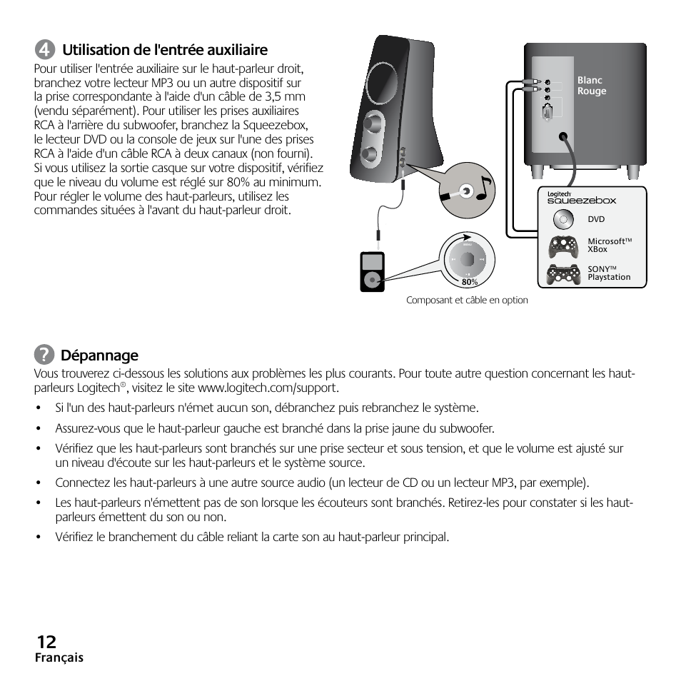 Utilisation de l'entrée auxiliaire, Dépannage | Logitech Z523 User Manual | Page 12 / 114