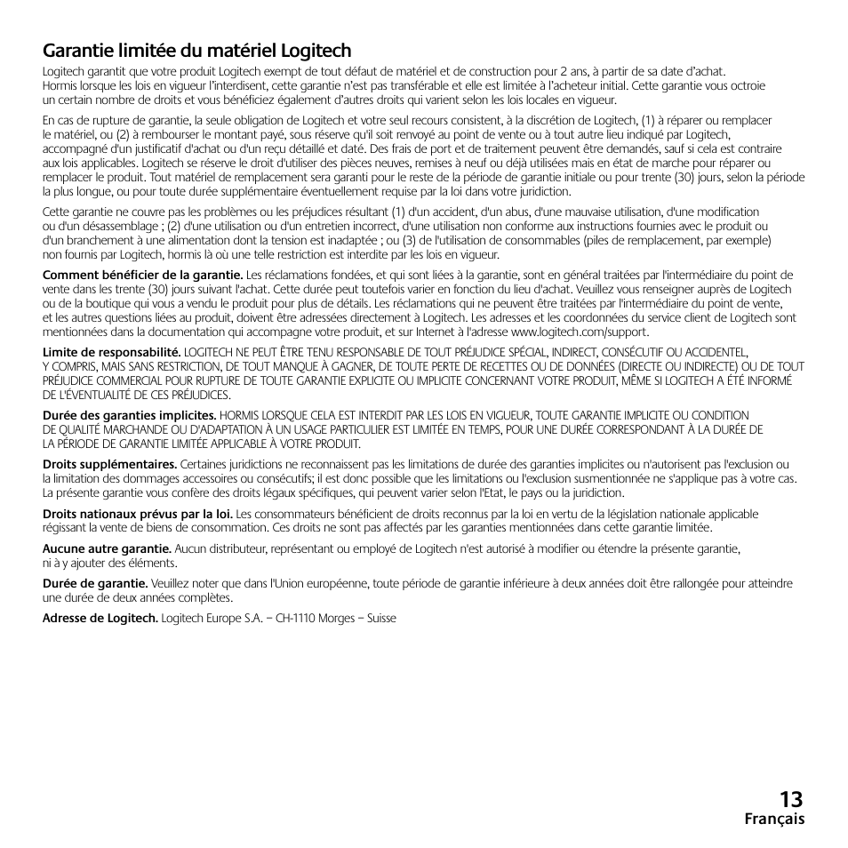 Garantie limitée du matériel logitech | Logitech Z523 User Manual | Page 13 / 114