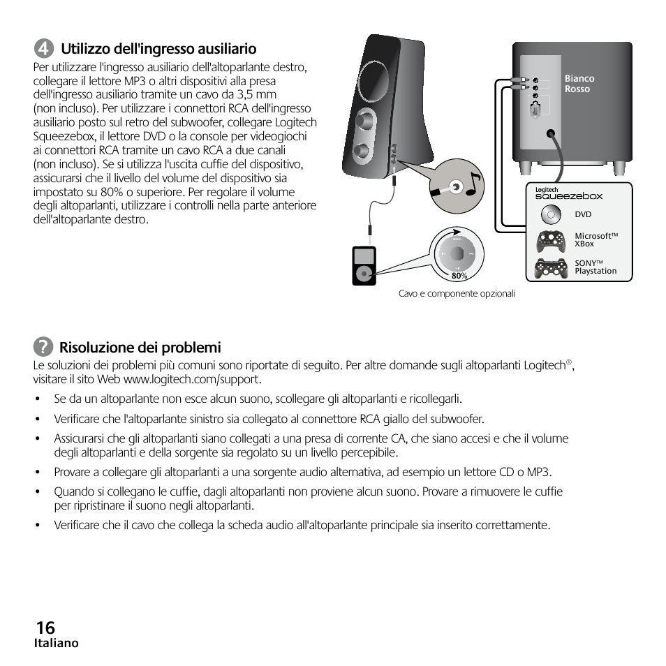 Utilizzo dell'ingresso ausiliario, Risoluzione dei problemi | Logitech Z523 User Manual | Page 16 / 114