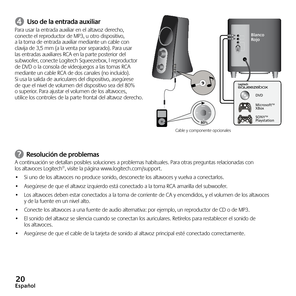 Uso de la entrada auxiliar, Resolución de problemas | Logitech Z523 User Manual | Page 20 / 114