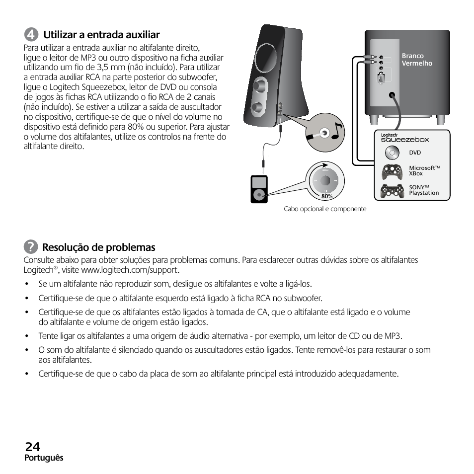 Utilizar a entrada auxiliar, Resolução de problemas | Logitech Z523 User Manual | Page 24 / 114