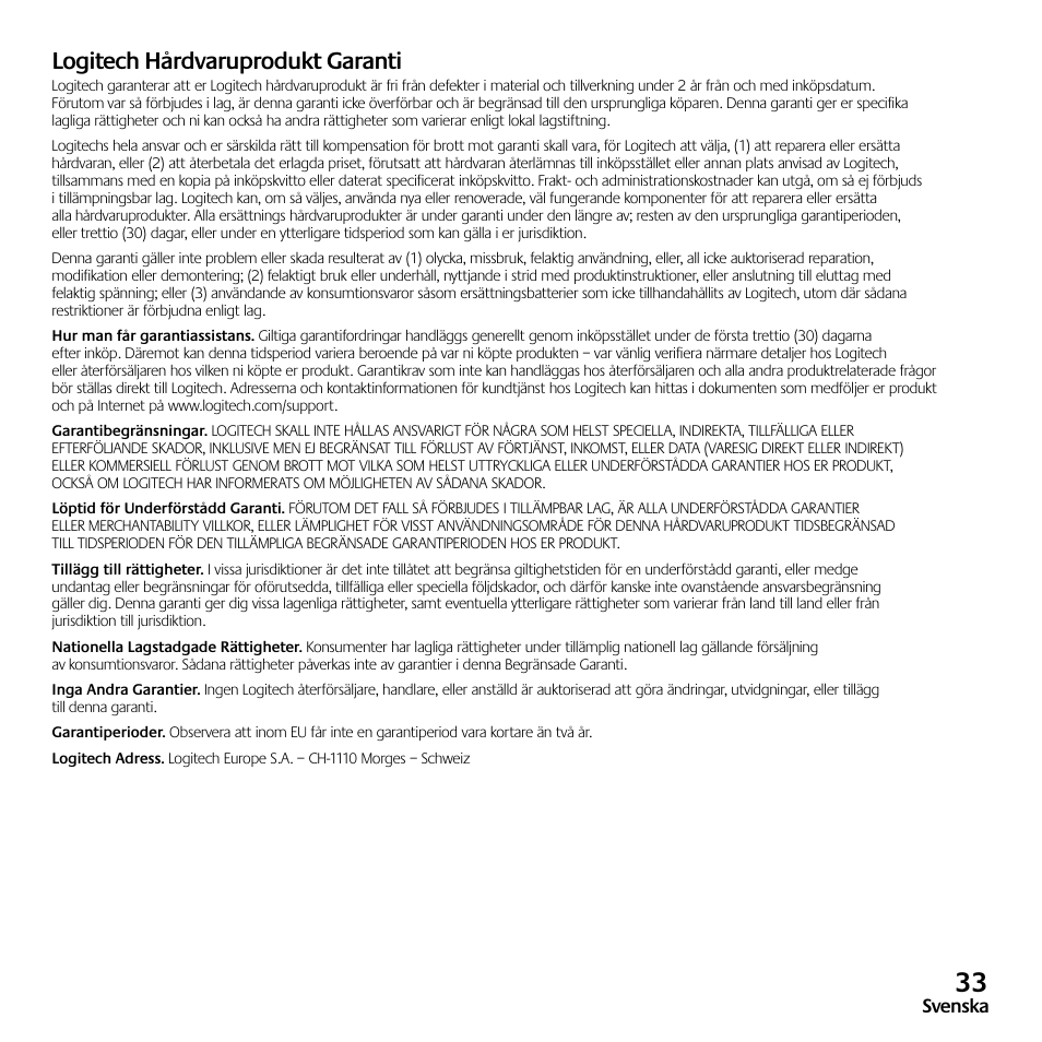 Logitech hårdvaruprodukt garanti | Logitech Z523 User Manual | Page 33 / 114