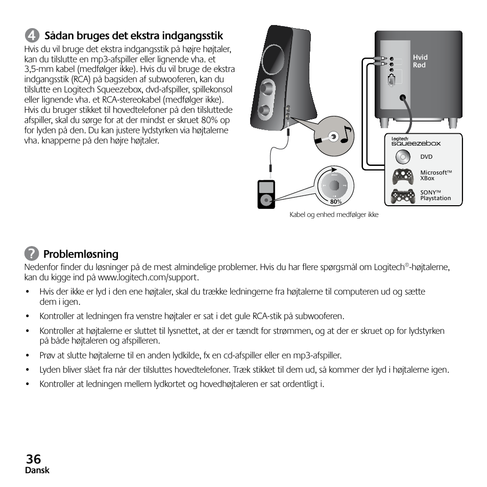 Sådan bruges det ekstra indgangsstik, Problemløsning | Logitech Z523 User Manual | Page 36 / 114