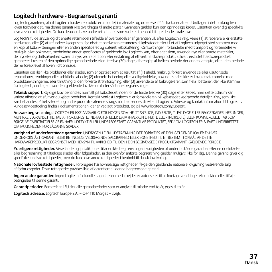 Logitech hardware - begrænset garanti | Logitech Z523 User Manual | Page 37 / 114