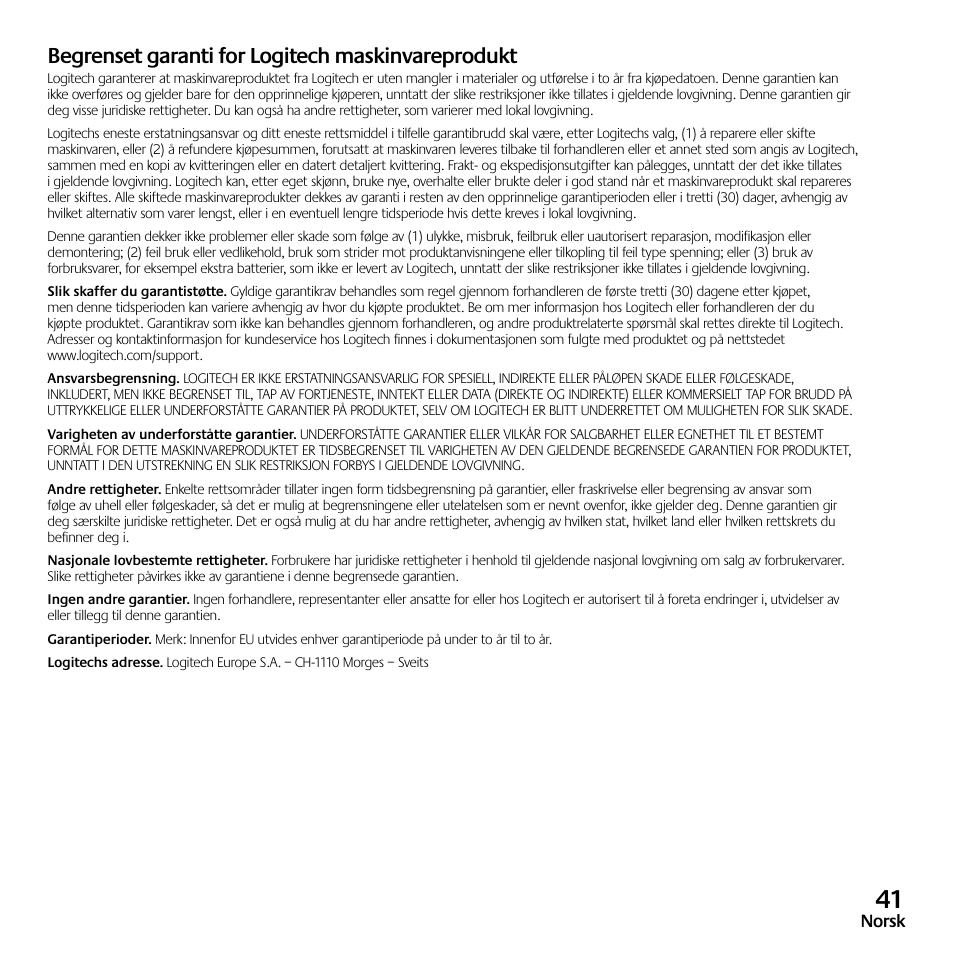 Begrenset garanti for logitech maskinvareprodukt | Logitech Z523 User Manual | Page 41 / 114